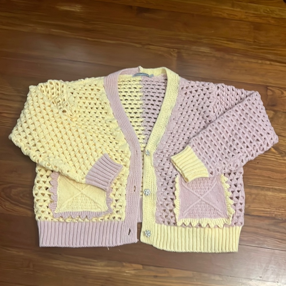 Purple and yellow crochet sweater (L)